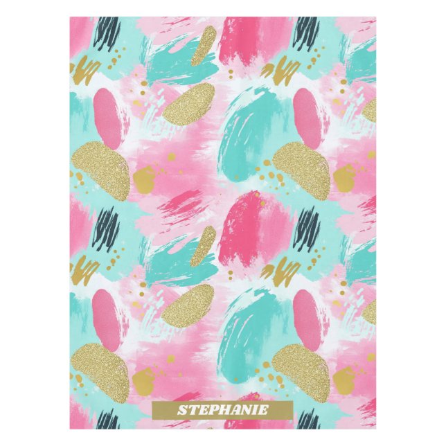Colorful Abstract Brushstrokes - Mint & Pink (1) Tablecloth (Front)