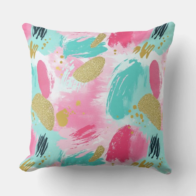 Colorful Abstract Brushstrokes - Mint & Pink (1) Throw Pillow (Front)