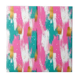 Colorful Abstract Brushstrokes - Mint & Pink (3) Ceramic Tile