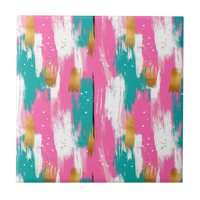 Colorful Abstract Brushstrokes - Mint & Pink (3) Ceramic Tile (Front)