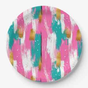 Colorful Abstract Brushstrokes - Mint & Pink (3) Paper Plates