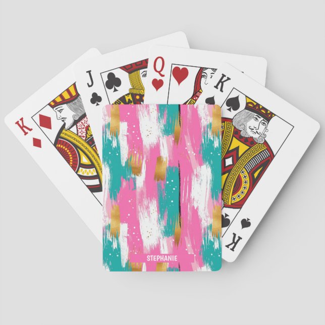 Colorful Abstract Brushstrokes - Mint & Pink (3) Poker Cards (Back)