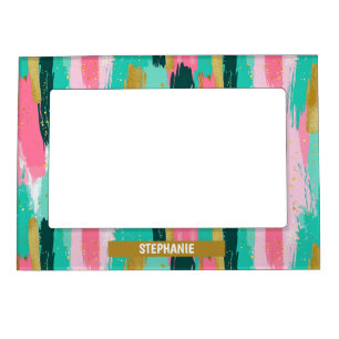 Colorful Abstract Brushstrokes - Mint & Pink Magnetic Frame