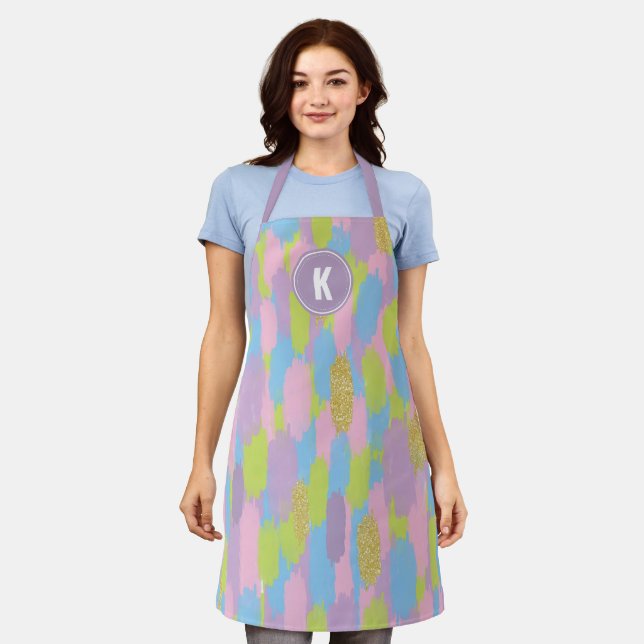Colorful Abstract Brushstrokes  Pattern Monogram Apron (Worn)