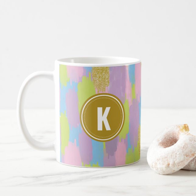Colorful Abstract Brushstrokes  Pattern Monogram Coffee Mug (With Donut)