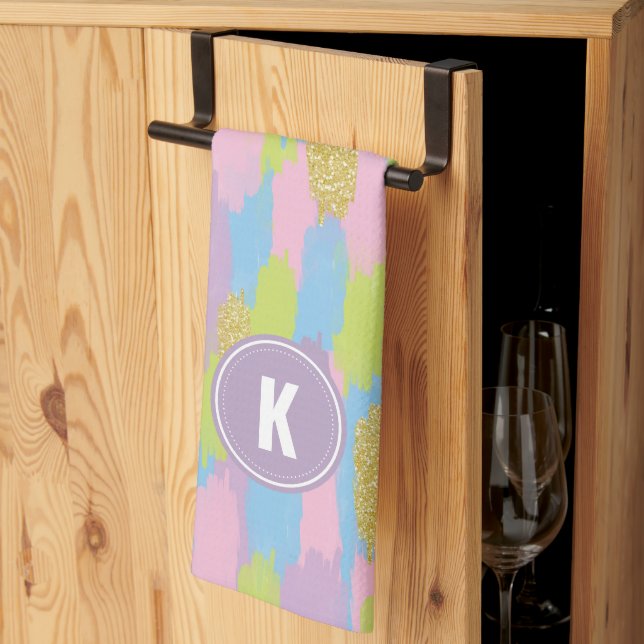 Colorful Abstract Brushstrokes  Pattern Monogram Kitchen Towel (Thirds Fold)
