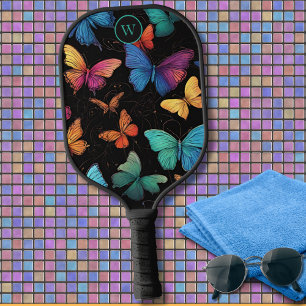 Colorful Abstract Butterflies Monogram Pickleball Paddle