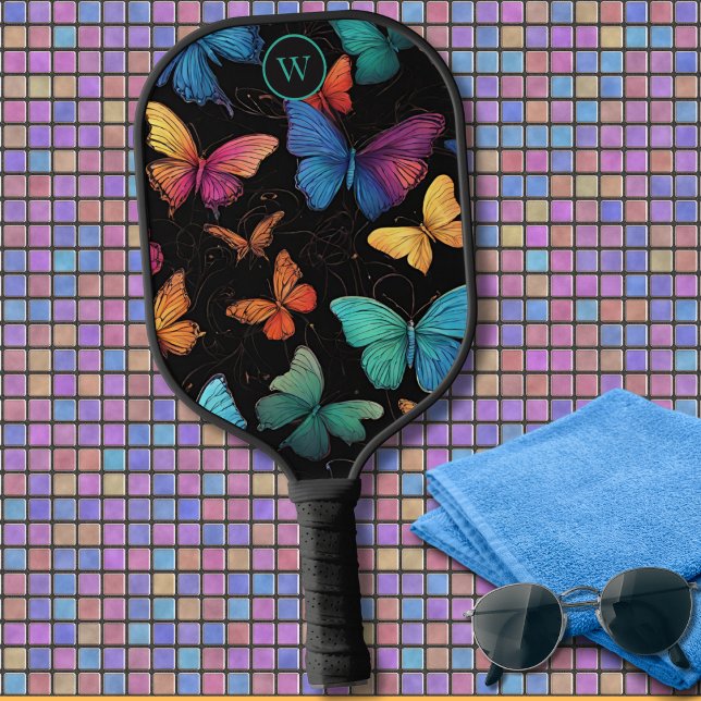 Colorful Abstract Butterflies Monogram  Pickleball Paddle (Creator Uploaded)