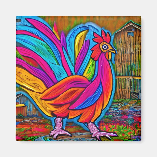 Colorful Abstract Cartoon Barn Rooster Magnet (Front)