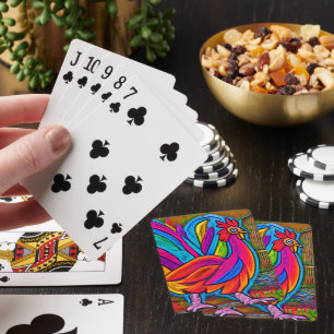 Colorful Abstract Cartoon Barn Rooster Poker Cards