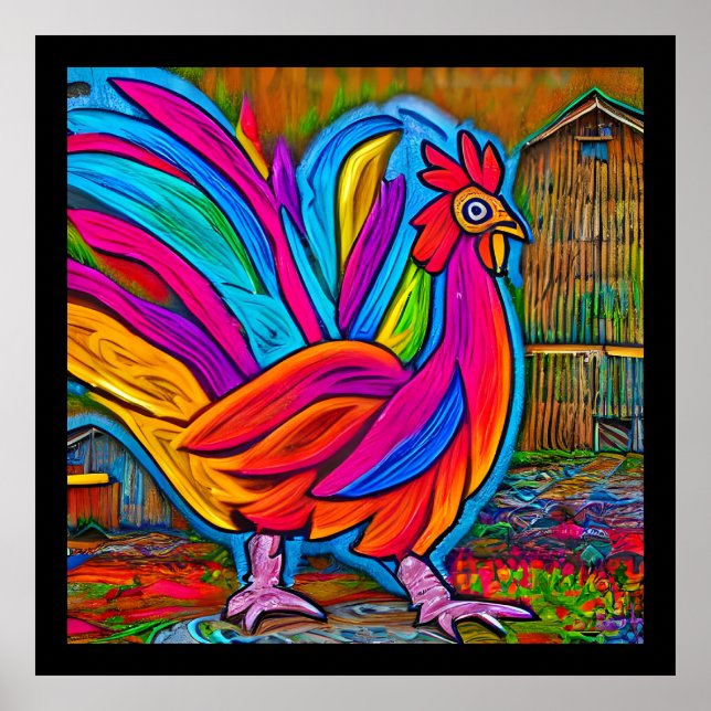 Colorful Abstract Cartoon Barn Rooster Poster (Front)