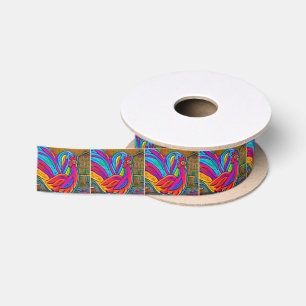 Colorful Abstract Cartoon Barn Rooster Satin Ribbon