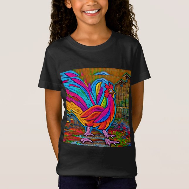 Colorful Abstract Cartoon Barn Rooster T-Shirt (Front)