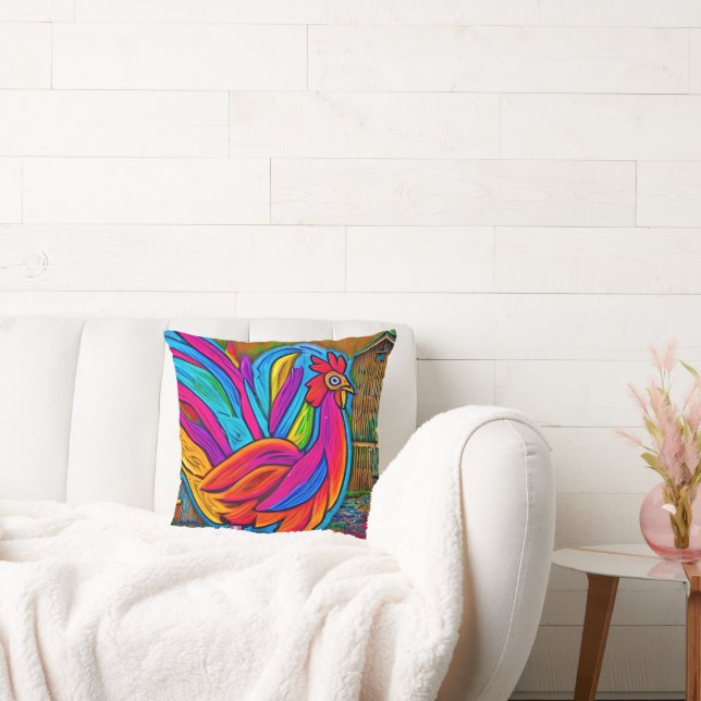 Colorful Abstract Cartoon Barn Rooster Throw Pillow (Couch)