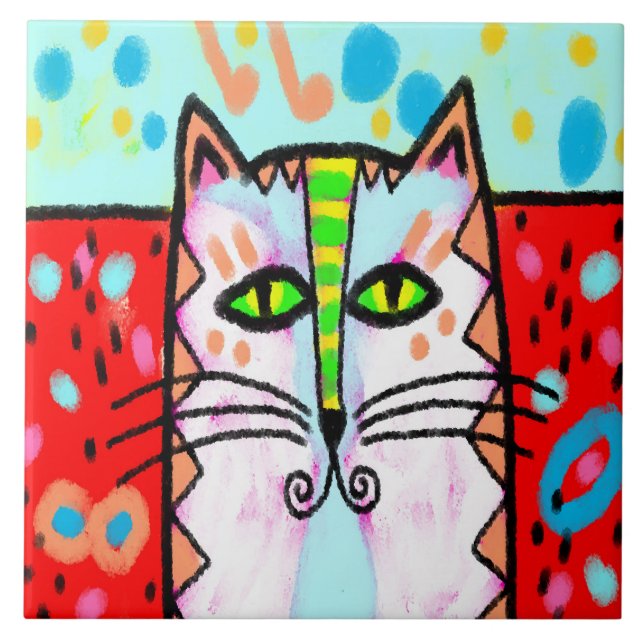 Colorful Abstract Cat Art Ceramic Tile (Front)