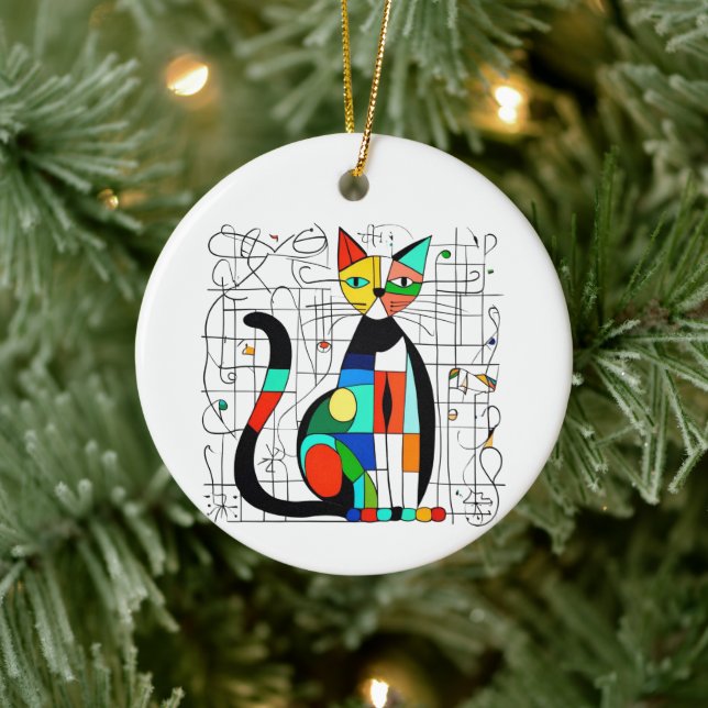 Colorful Abstract Cat Art Cubist Cubism Ceramic Ornament (Tree)
