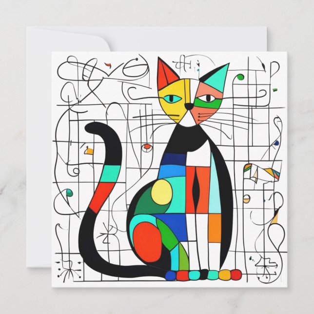Colorful Abstract Cat Art Cubist Cubism Save The Date (Front)