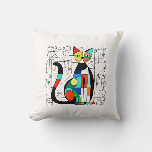 Colorful Abstract Cat Art Cubist Cubism Throw Pillow (Front)