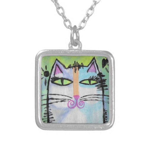 Colorful Abstract Cat Art Silver Plated Necklace