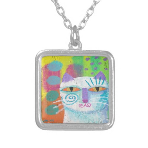 Colorful Abstract Cat Art to Wear Silver Plated Necklace