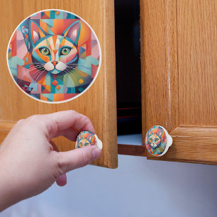Colorful Abstract Cat Ceramic Knob