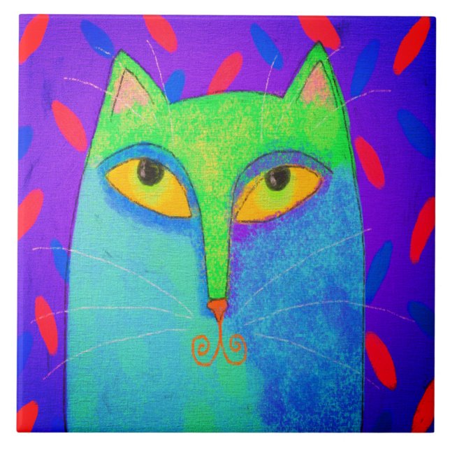 Colorful Abstract Cat Digital Painting Ceramic Tile (Front)