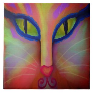 Colorful Abstract Cat Face Digital Painting Ceramic Tile