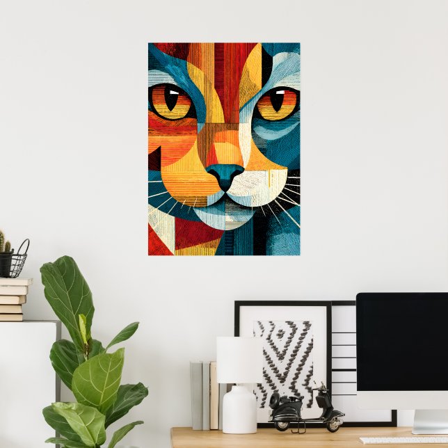 Colorful Abstract Cat Face Geometric Poster (Home Office)