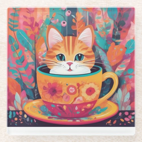 Colorful Abstract Cat in Cup Mouse Pad Glass Coaster