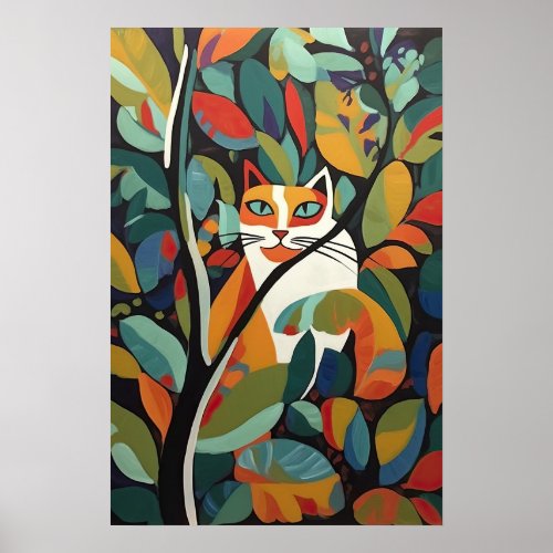 Colorful Abstract Cat in Leafy Tree Design Poster
