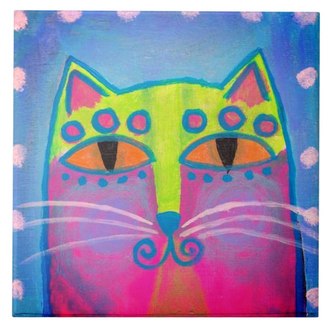 Colorful Abstract Cat Painting Ceramic Tile (Front)