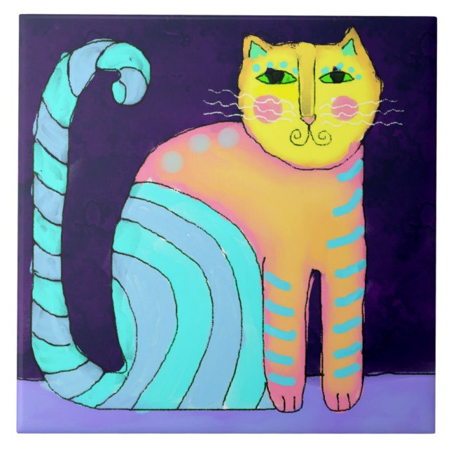 Colorful Abstract Cat Painting Ceramic Tile (Front)