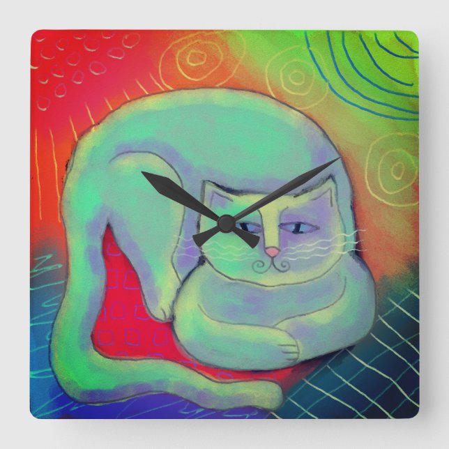 Colorful Abstract Cat Painting Round Clock (Front)