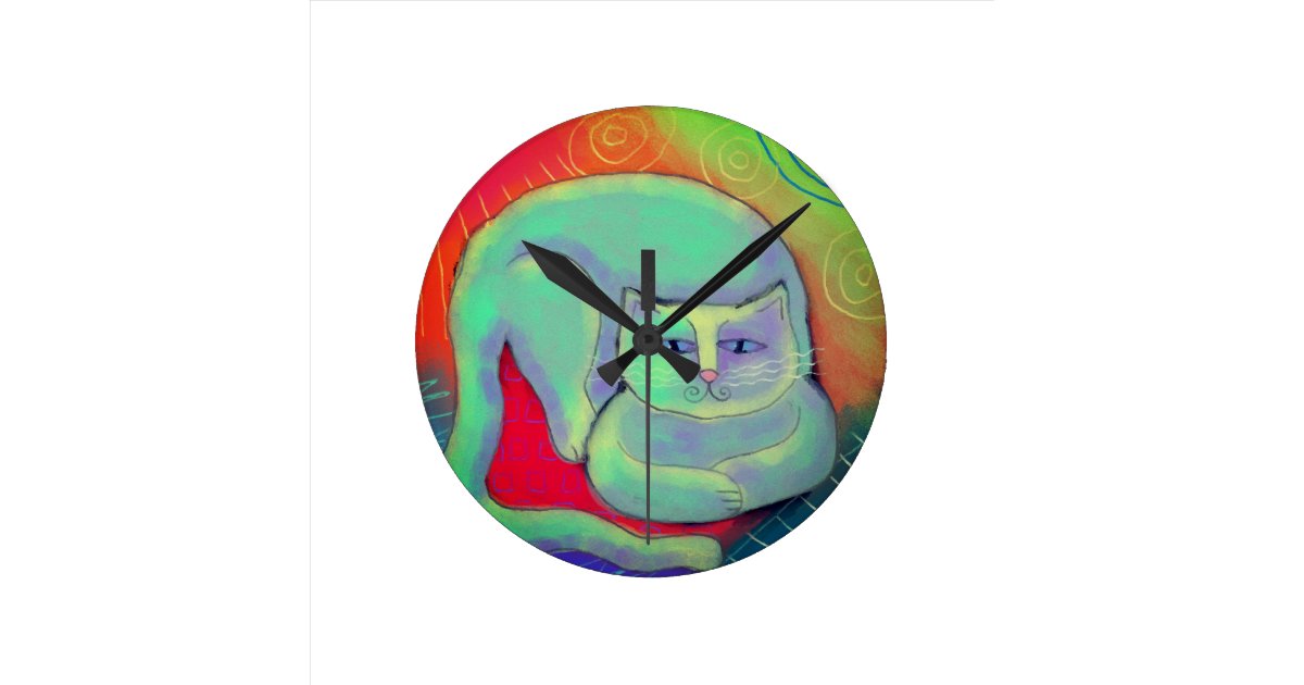 Colorful Abstract Cat Painting Round Clock Zazzle Com