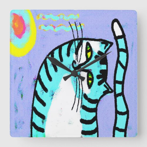 Colorful Abstract Cat Painting Square Wall Clock