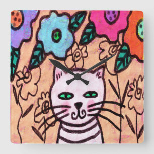 Colorful Abstract Cat Painting Square Wall Clock