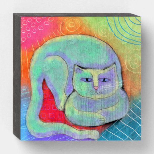 Colorful Abstract Cat Painting Wooden Box Sign