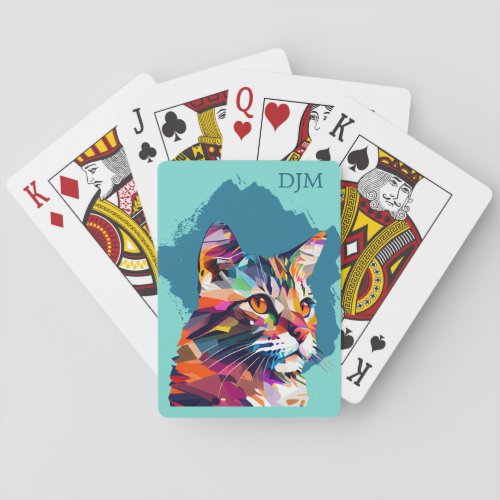 Colorful Abstract Cat Portrait Monogram Playing Cards