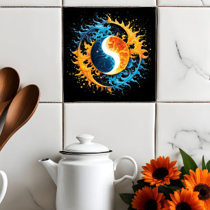 Colorful Abstract Celestial Moon and Sun Splash Ceramic Tile