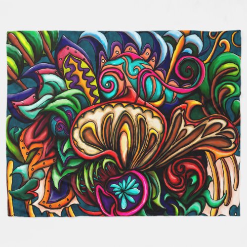 Colorful abstract chameleon on mushroom painting fleece blanket