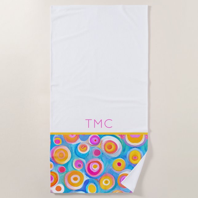Colorful Abstract Circle Art INITIALS Summer Fun Beach Towel (Front)