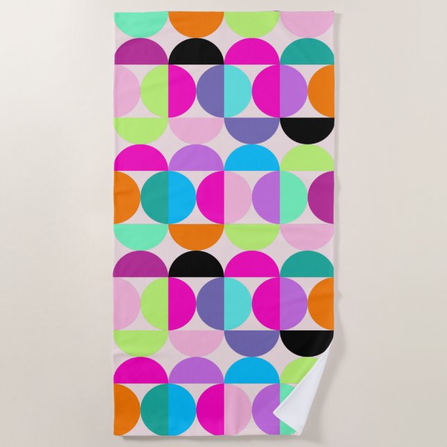 Colorful Abstract Circles Mid Century Modern Retro Beach Towel (Front)