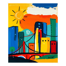 Colorful Abstract Cityscape with Sun and Bridge