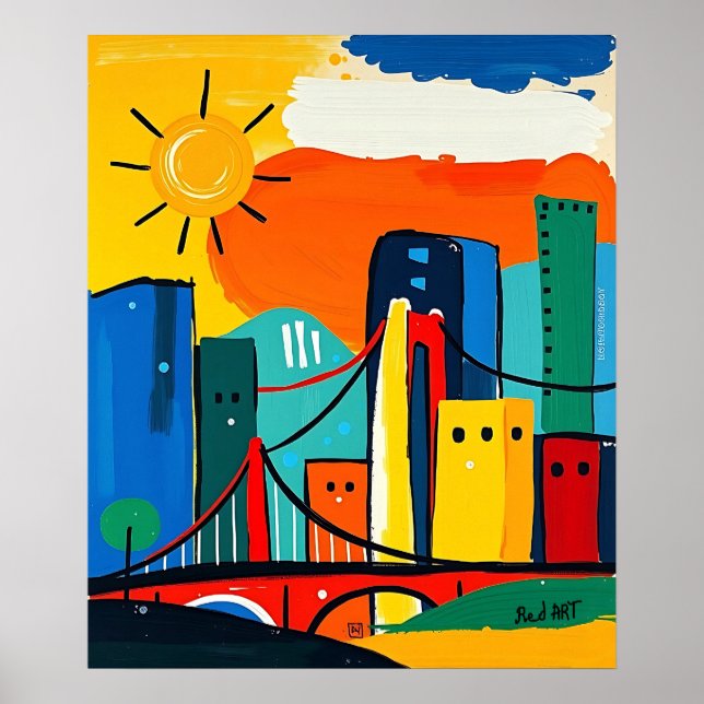 Colorful Abstract Cityscape with Sun and Bridge Poster (Front)