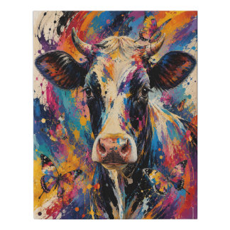Colorful Abstract Cow Painting with Butterflies  Faux Canvas Print