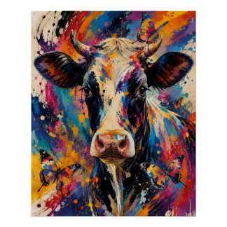 Colorful Abstract Cow Painting with Butterflies  Poster