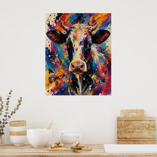 Colorful Abstract Cow Painting with Butterflies  Poster