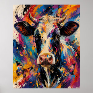 Colorful Abstract Cow Painting with Butterflies  Poster