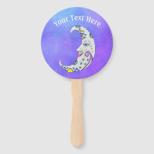 Colorful Abstract Crescent Moon With Face Purple Hand Fan