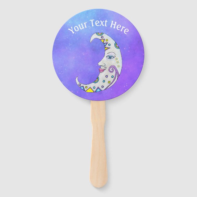 Colorful Abstract Crescent Moon With Face Purple Hand Fan (Front)